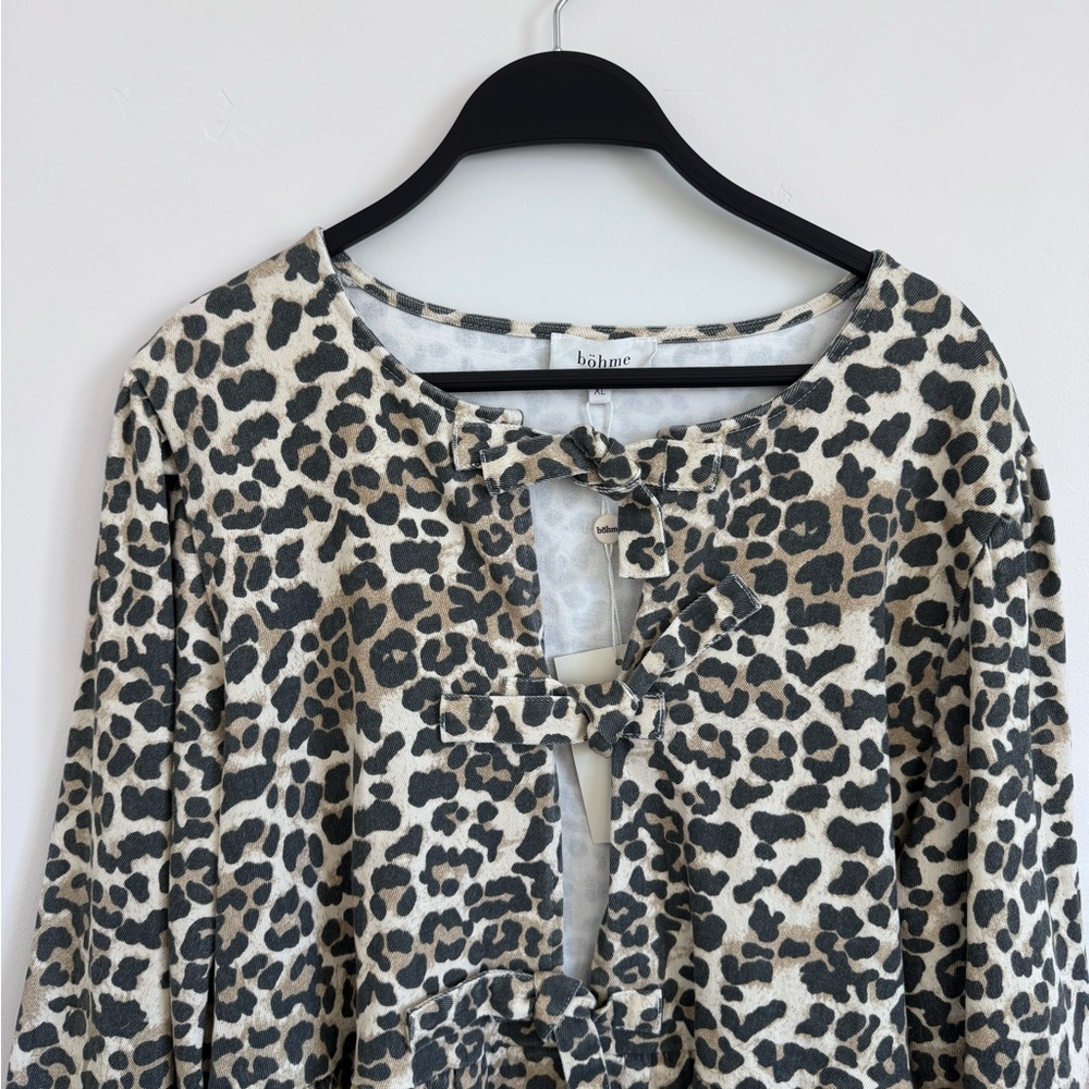bohme Denim Leopard-Print Tie Front Tunic — Cream & Black